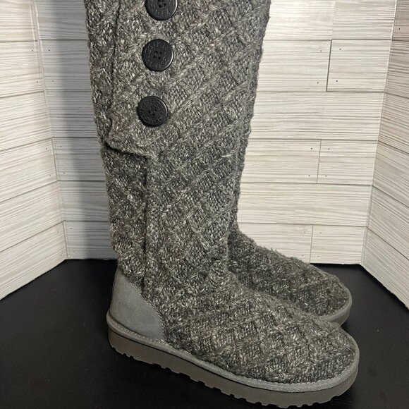 UGG Shoes - Ugg Lattice Cardy 1016557 Womens Grey Sheepskin Sweater Knit Boots w/ Buttons 10